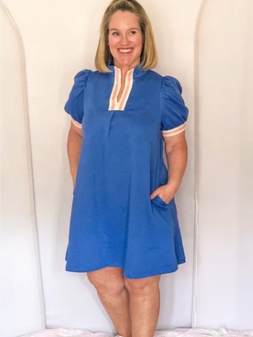 Umgee Ocean Blue Mini Dress with Pink and Cream Trim